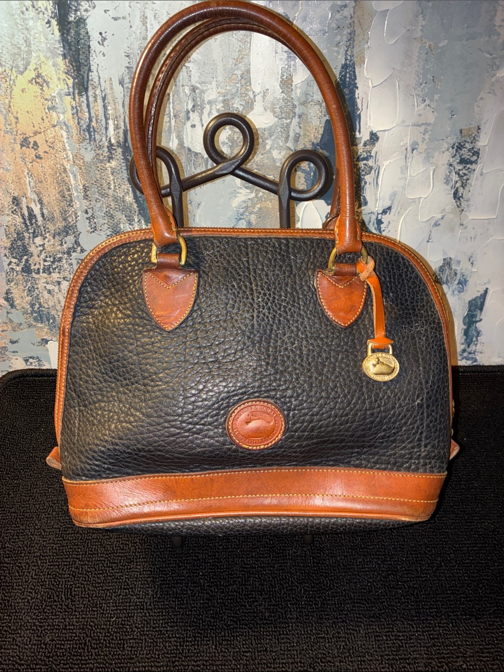Vintage 1990s Dooney & Bourke Black with Brown Trim Pebbled Leather Satchel